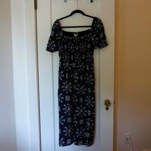 Floral Smocked Puff Sleeve Midi Dress with Pockets